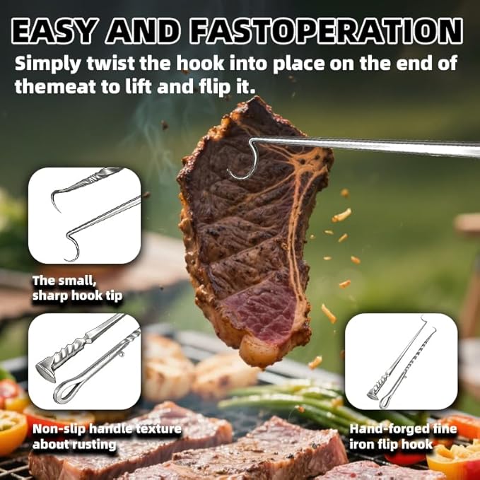Stainless Steel Meat Hook Flipper, Steak Flipper Hook, Pig Tail Meat Flippers, BBQ Food Flippers, Steak Turner Hook, Meat Turner Hooks,Turning Vegetables and Meats (Right Hand B Stainless Steel)