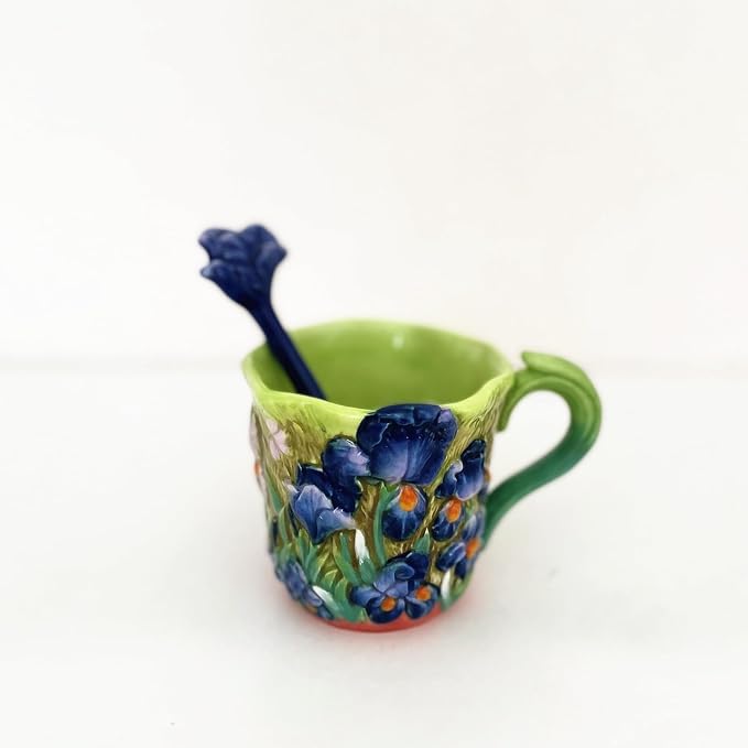 Ceramic Lrises Flower Coffee Mug and Saucer set with Spoon,3D Handmade and Hand-painted Tea Mug, 6OZ