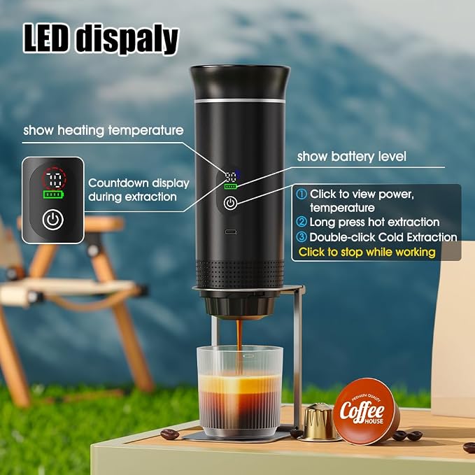 Portable Coffee Maker for Travel,Self-Heating Espresso Machine with USB-C,LED Display,20 Bar,Compatible with Coffee Grounds&Capsules (Ns&DG)–Portable Espresso Maker for Car,RV,Camping,Office