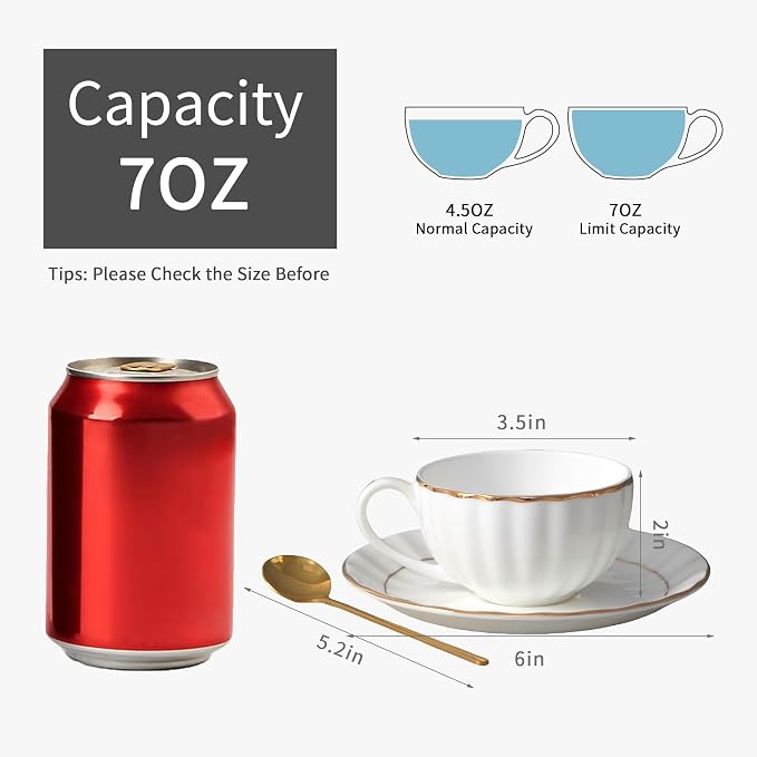 Bone China Tea Cups and Saucers Set (6 oz, Set of 4) – White Luxury Fine Porcelain Mugs for Tea, Coffee, Latte Art, Barista Use, Elegant Gifting