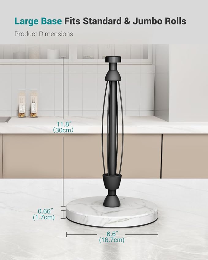 Paper Towel Holder Countertop, Marble Weighted Base, Glossy Black, One-Handed Tear, Freestanding Paper Towel Stand Rack with Ratchet Mechanism for Kitchen Toilet Bathroom Essentials Decor Accessories