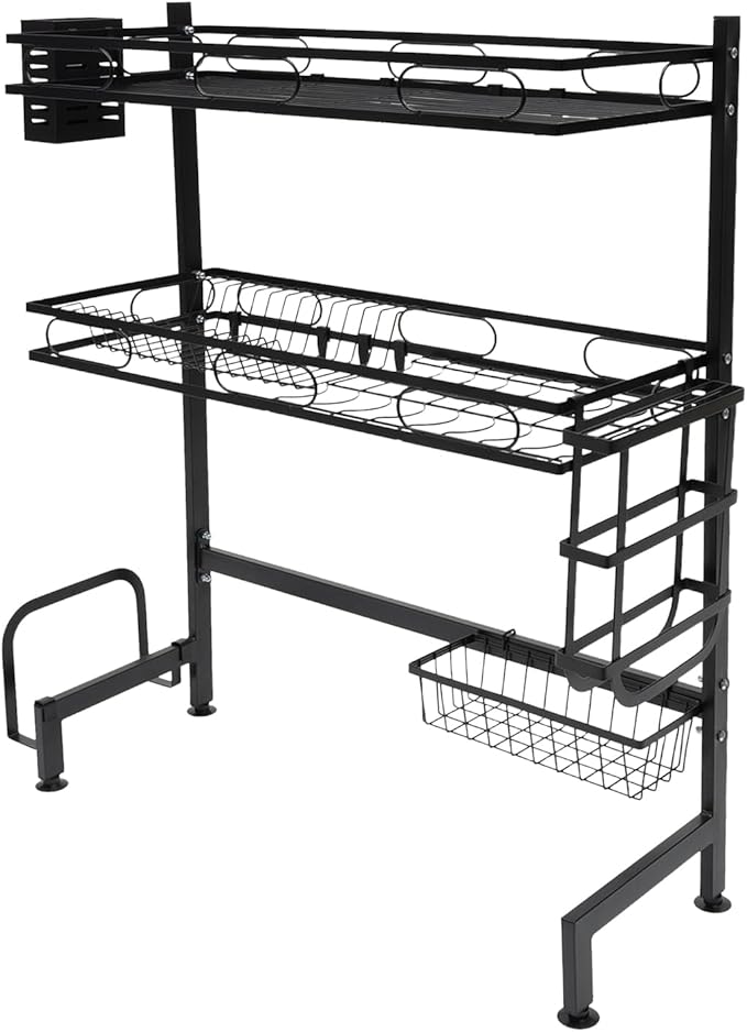 2-Tier Over Sink Dish Drying Rack Cutlery Drainer Kitchen Shelf Cup Organizing 25.6*11.02*32.28in, for Storing Seasonings, Dishes, Chopsticks, Cutting Boards, Knives, Forks, Soaps, Sponges