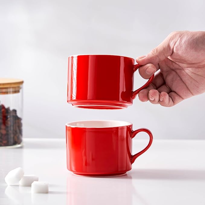 10oz Porcelain Stackable Coffee Mugs and Metal Stand Set of 4, Espresso Cups Set for Hot Drinks, Cappuccino, Tea-Red