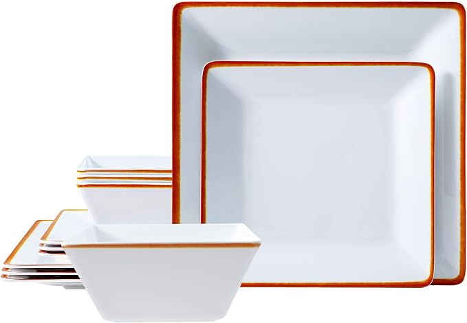 TP 12-Piece Melamine Dinnerware Sets, Plates and Bowls Dishes Set for 4, Break-Resistant & Non-Microwavable, Lightweight Square Dinner Plates, White with Rim