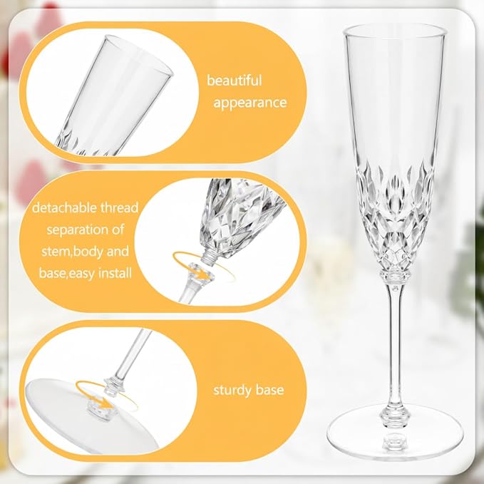 Jingmore 48 Pcs Detachable Plastic Champagne Glasses Flutes Bulk with Stem 3.7 oz Disposable Champagne Flutes Toasting Glasses Cups for Wedding Birthday Party (Transparent)