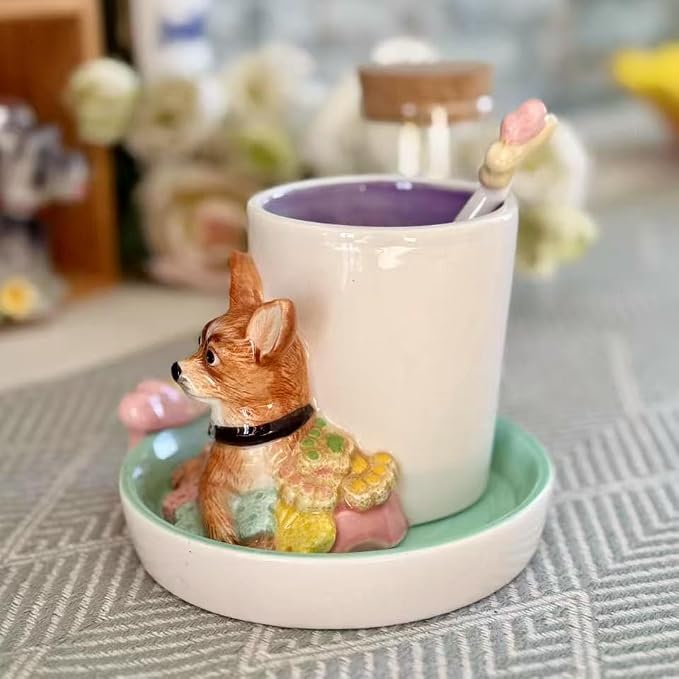 Ceramic Animal Coffee Mug Cup and Saucer Set，200ML(6.8OZ) 3D Hand-painted Tea Cup with Spoon (Brown)