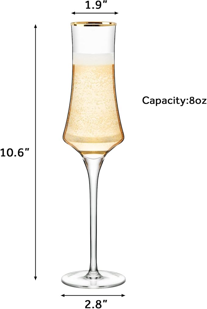 NEW Champagne Flutes Glasses 8oz Set of 6 Clear Crystal Lead-Free Stemware Champagne Glass With Gold Rim