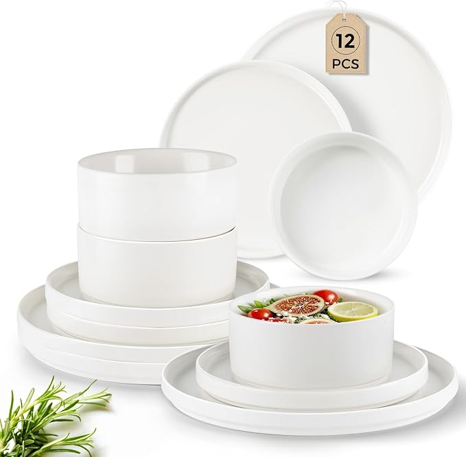 GBHOME Ceramic Dinnerware Sets of 4,Stoneware Plates and Bowls Sets,Chip and Crack Resistant | Dishwasher & Microwave Safe Dishes Set,Scratch Resistant- Service for 4 (12pc)-White