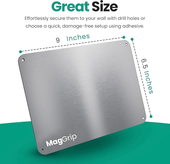9 inches x 6.5 inches Stainless Steel Plate for Magnets, 3M Adhesive Back, Mounting Screws, Ideal for Magnetic Shelf, Spice Holders, Colorful Magnets as a Gift. Mount Anywhere! (Silver, 1 Pack)
