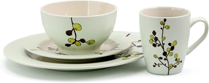 Elama RETROBLOOM Retro Bloom 16 Piece Luxurious Stoneware Dinnerware with Complete Setting for 4, 16pc, Green