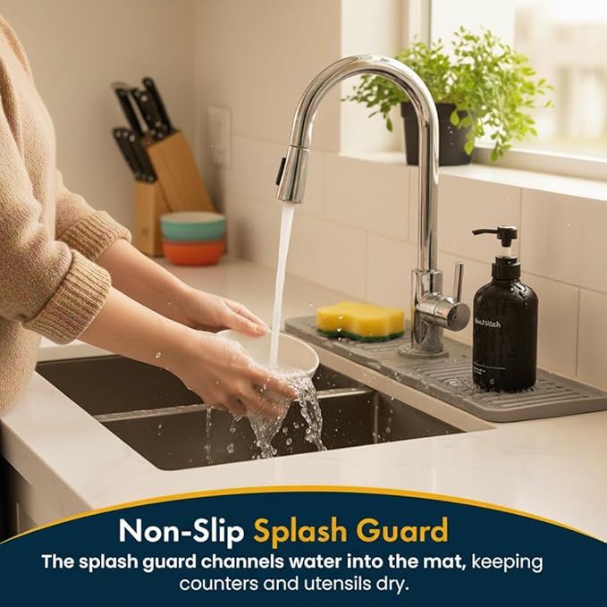 Kitchen Sink Faucet Mat, 2 Pack Silicone Splash Guard and Drip Catcher Tray, Sink Organizer, Sponge Holder & Drying Mat for Countertop (Grey)
