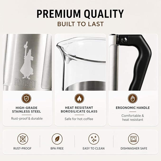Bialetti Coffeepress French Press Coffee Maker, 8 Cup, Preziosa Stainless Steel (06852)