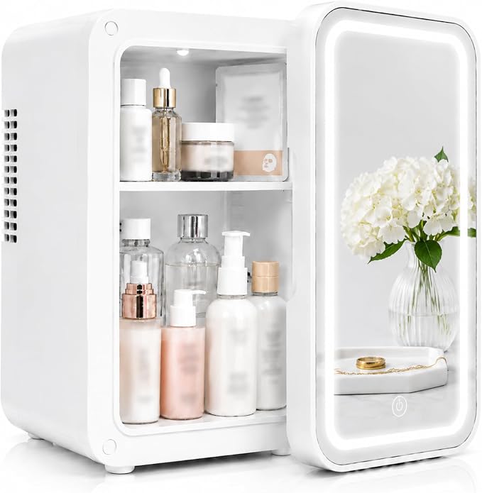 4L / 6Cans mini skincare fridge with Dimmable LED Light Mirror, Mini Fridge for Skin Care, Cosmetics, Beverage, Beauty Fridge for College Dorm, Office, Home, Car, Travel cooler and warmer (white)
