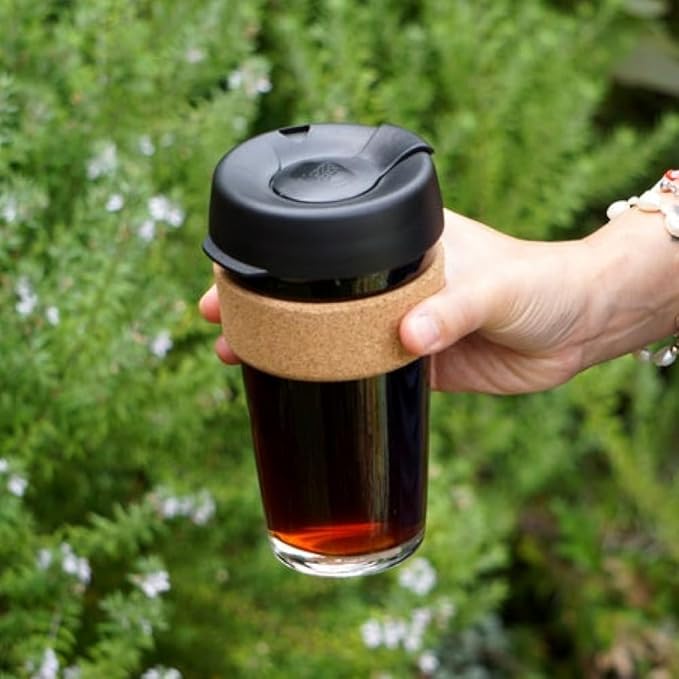 KeepCup Brew Cork, Reusable Glass Tumbler with Natural Cork, Grande Coffee Cup 16oz/454ml - Black