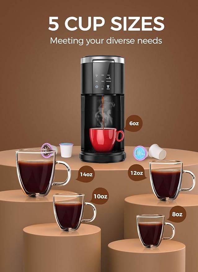 COWSAR Single Serve Coffee Maker, 2 in 1 Coffee Capsule & Ground Coffee Brewer, 40 Oz Removable Water Tank, 5 Brew Sizes 6-14 Oz, Self-cleaning Fast Heating Coffee Machine for Home Office