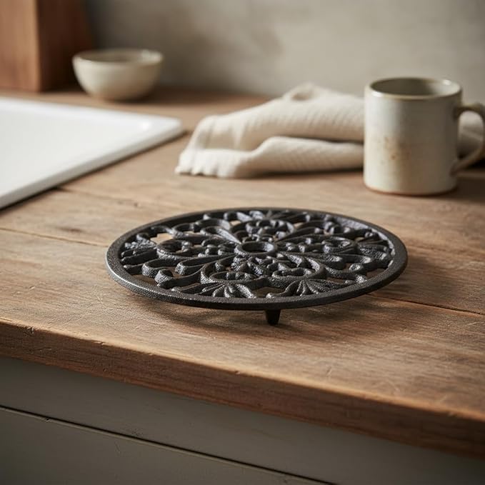 Comfy Hour 7" Decorative Cast Iron Trivet, Round Mandala Hot Pot Holder for Kitchen, Vintage Style Teapot Stand and Hot Pad, Rugged Table Protector for Hot Dishes, Black Finish, 1 Piece