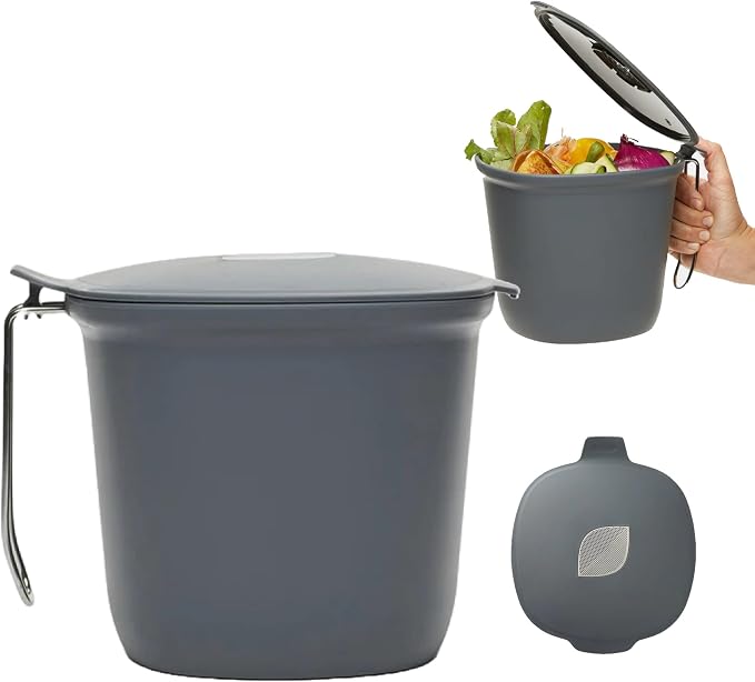 Chef'n Compost Bin - Charcoal Filter, Removable Lid (Gray) | Dual-Bin Compost Bin, Activated Charcoal Filter, One-Handed Operation, Removable Lid, Countertop & Under-Sink Use