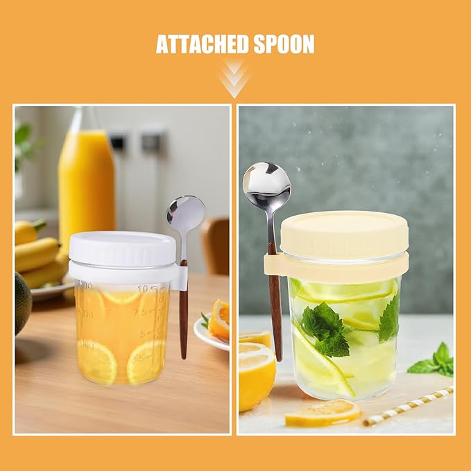 Garneck 4pcs Glass Overnight Oats Containers with Airtight Lids and Integrated Spoon Holder Reusable Yogurt Jars for Milk Cereal Fruit Storage Transparent Meal Prep Jars