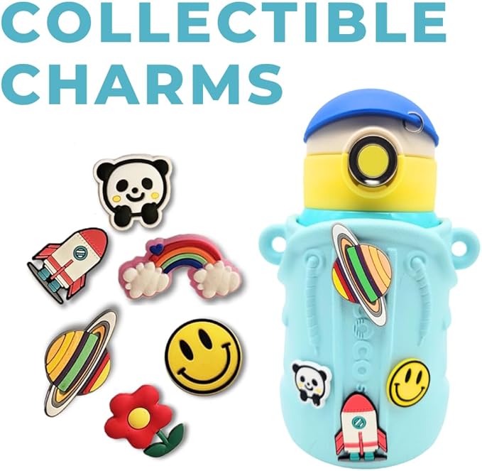Cocosmile Croc Charm Kids Water Bottle with Silicon Sleeve - Kids Water Bottles for School Boys Girls, Thermal Insulated Stainless-Steel Cup, BPA Free Travel Bottle (Without Straw)