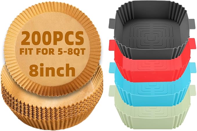 200Pcs Air Fryer Liners Disposable,LYHOLKEER 8inch Round Air Fryer Paper Liners for 5 5.5 6 6.5 7 7.5 8QT Air Fryer and 4Pcs Square Air Fryer Silicone Liners Reusable for 3-6 qt,Parchment Paper