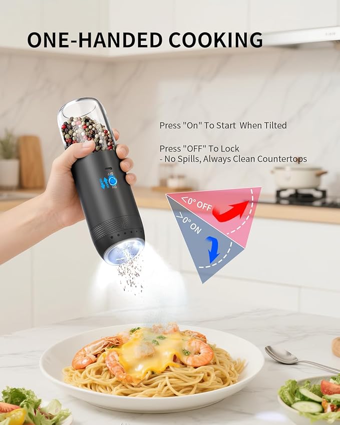 CIRCLE JOY Gravity Electric Salt and Pepper Grinder Set Rechargeable Automatic Pepper Mills with External Adjustable Coarseness, 176ml Large Capacity, Bright LED Light