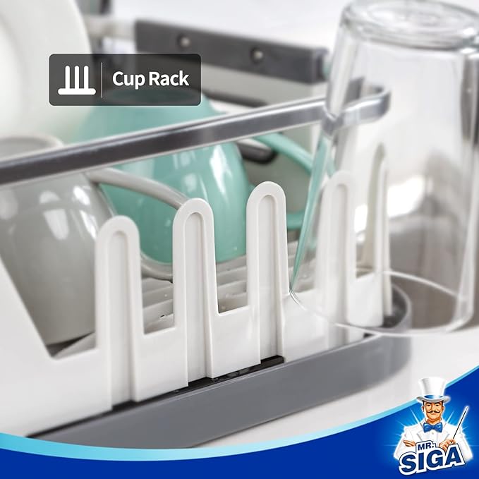 MR.SIGA Dish Drying Rack for Kitchen Counter, Compact Dish Drainer with Drainboard, Utensil Holder and Cup Rack, Plastic Kitchen Drying Rack for Dishes, Cups, Knives, Spoons and Forks, White