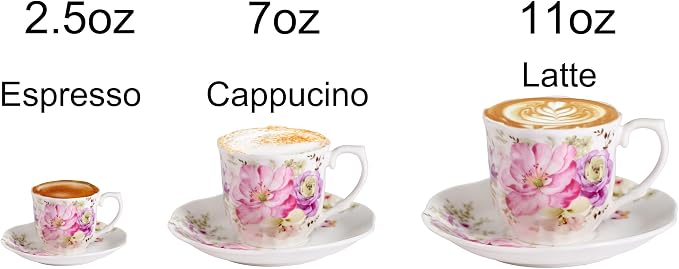 GuangYang 7 oz Porcelain Tea Cups and Saucers Set of 6, Pink Floral Design – Elegant Gift Set for Tea Lovers, Coffee, Cappuccino, Mocha, Weddings, Housewarming & Holidays