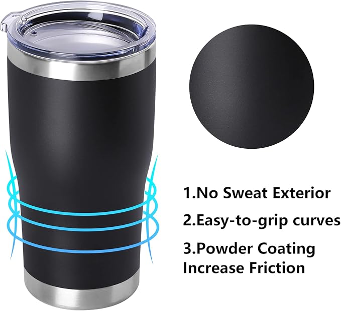 DOMICARE 20oz Tumbler with Lid Stainless Steel Tumblers Bulk, Double Wall Vacuum Insulated Coffee Travel Mug Powder Coated Tumbler, 8 Count (Pack of 1) Black