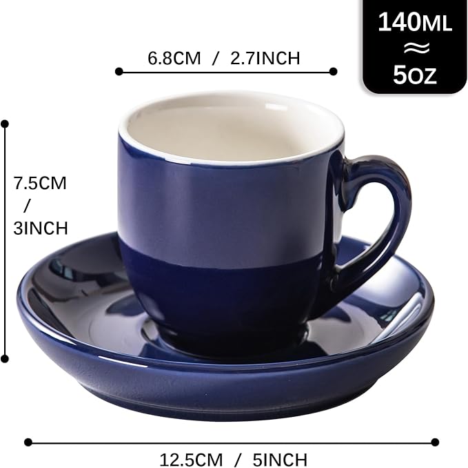 5oz Espresso Cups with Saucers Set, Colorful Coffee Cups Set, Ceramics Tea Cup with Handle, Coffee Mugs Set of 6, Assorted Colors
