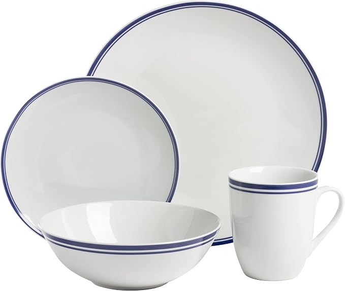 10 Strawberry Street Café Stripe 16 Piece Coupe Dinnerware Set, Blue