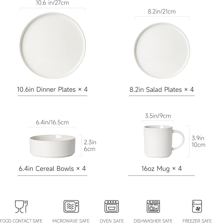 MONITO Ceramic Dinnerware 16 Pieces Dinner Set,Plates Pasta Bowls Cereal Bowls Reactive Change Glaze Dish Sets, Modern Stoneware Dishes,Gift, Creamy white