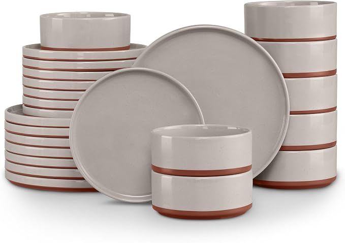 LIANYU Plates and Bowls Sets, 24 Pieces Stoneware Dinnerware Set for 8, Modern Kitchen Dinner Set Ceramic Dishware Dishes Set, Microwave and Dishwasher Safe, Terra Brown