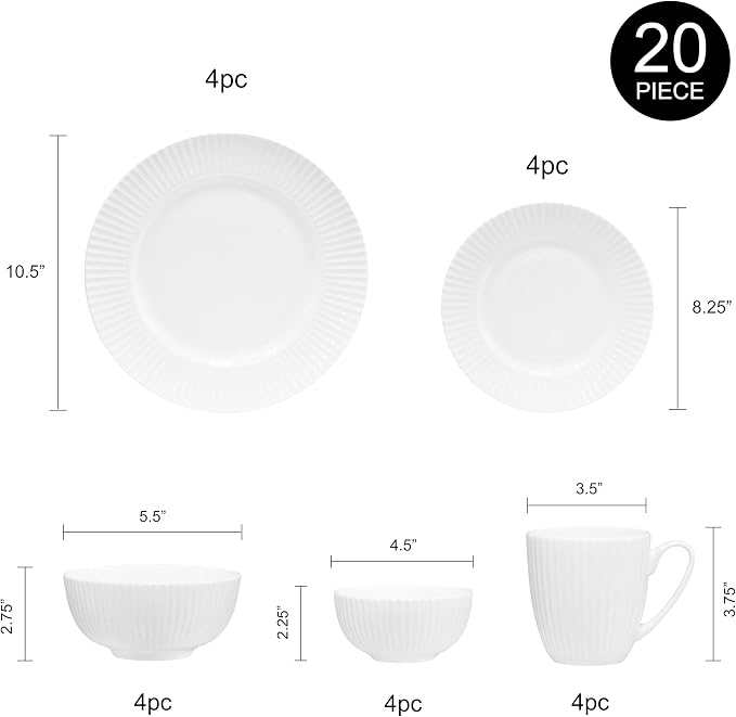 Bone China Dinnerware, 20PC Set, Service for 4, White Embossed, stripe, Microwave Safe, Translucent, Elegant giftware, Dish set, Essential Home, Kitchen Dishes, Dinner Set