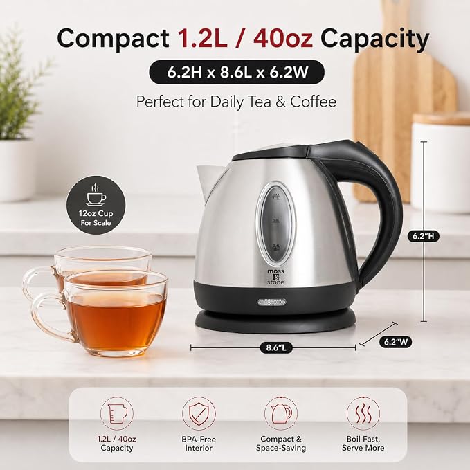 Moss & Stone 1.2L Stainless Steel Small Electric Kettle, Cordless 1500w Fast Boiling Pot, Portable Hot Water Electric Tea Kettle With Boil Dry Protection & Auto Shut-Off