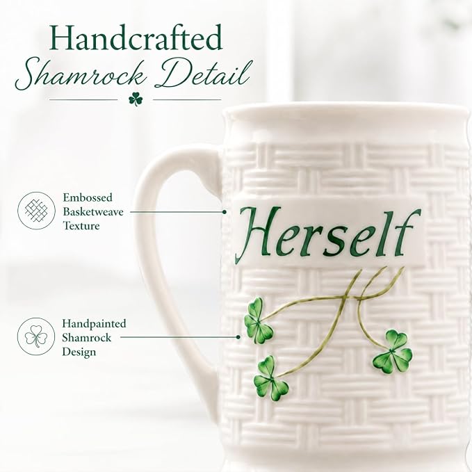Belleek Classic Himself & Herself 12 oz Irish Coffee Mug Set, Handcrafted Parian China Cups, Shamrock Design, Set of 2, White