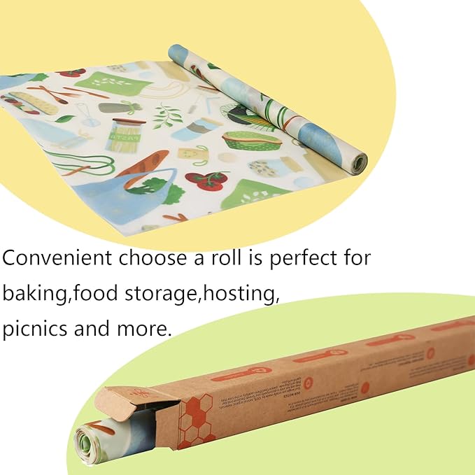 Reusable Beeswax Food Wraps, 12 x 40 Inch Organic Cotton Beeswax Wraps, Plastic-Free Eco Friendly Food Storage Sheets for Kitchen, Bread, Cheese, Fruits and Sandwiches