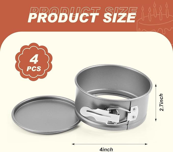 Funnymoom 4 Pcs 4 Inch Non Stick Springform Pan with Removable Bottom Carbon Steel Round Springform Cheesecake Pan with Stainless Steel Spring Buckles for Baking Kitchens Restaurant(Gray)
