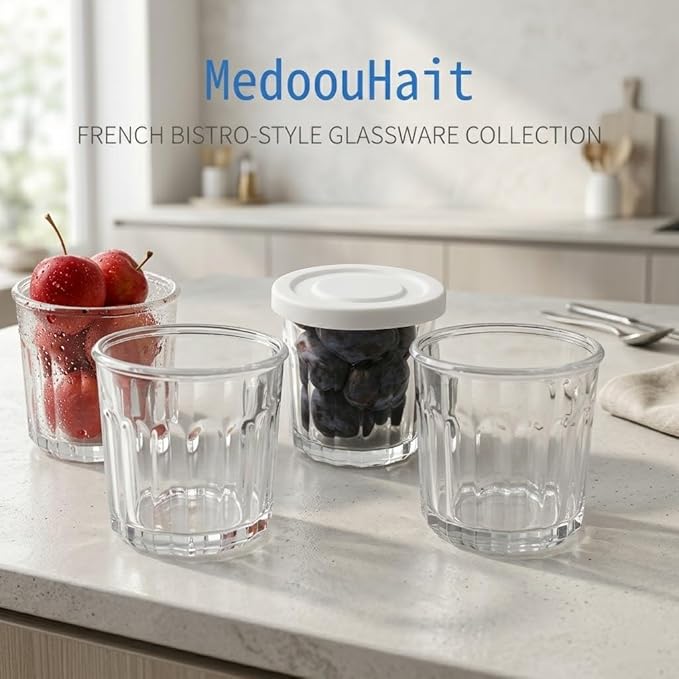 Working Glass Cups with Lids Set of 4,13.5oz Thick Drinking Glasses, Heavy Duty Glass Tumblers, Stackable Food Storage Jars,Clear Picardie Style Glassware
