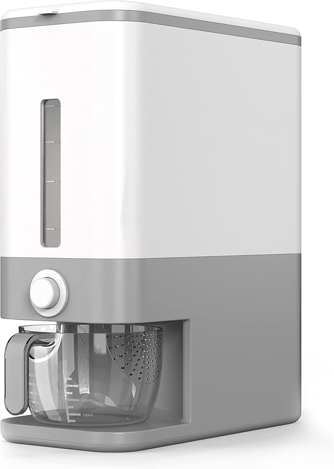Proarea Rice Dispenser 25 Lbs, Airtight Grain Rice Storage Container with Measuring Cup, One-Touch Dry Food Dispenser for Kitchen Pantry, Clear Scale Window, Grey