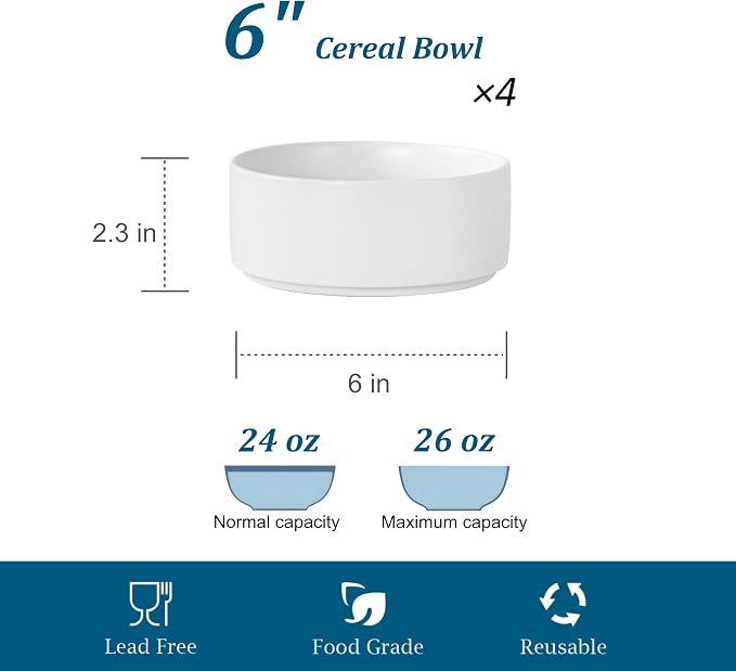 26 OZ Ceramic Cereal Bowls Set, 6 Inch, Set of 4, Modern White | Handcrafted, Dishwasher & Microwave Safe, For Breakfast, Soups, Oatmeal, Ramen, Pho, Udon, Soba