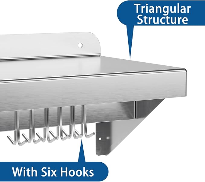 12" x 36" NSF Certified Stainless Steel Wall Mount Shelf - Multifunctional Metal Storage Rack with Backsplash and 6 Hooks