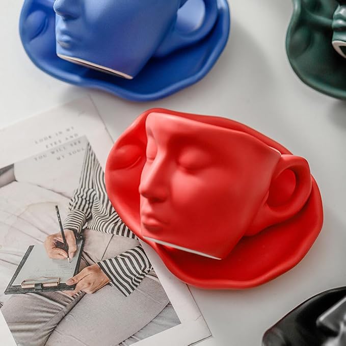 Human Face Ceramic Coffee Mug, 8.8oz/260ml Kissing Coffee Cup with Saucer Coffee Spoon, Tea Cup Milk Latte Espresso Cappuccino Juice Beverage Iced Tea Water Cups Drinkware (Red)