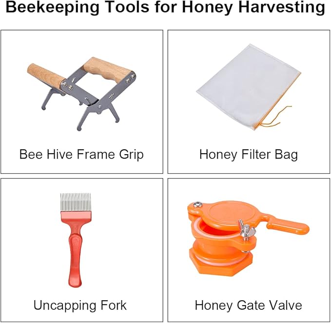 Honey Harvesting Honey Strainer Beekeeping Tool Kit, Set of 9, Double Honey Sieve Stainless Steel Honey Filter, Honey Gate, Frame Grip, Uncapping Fork, Queen Marker Tube, Feeder, Honey Filter Bag