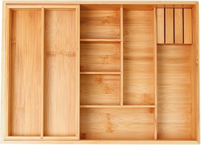 Double Layer Bamboo Kitchen Drawer Organizer Cutlery Utensil Silverware Drawer Organizer, cutlery Silverware Tray for Drawer, deep Utensil Holder Drawer Dividers for Flatware (L: 16.85 × 12.2 in)