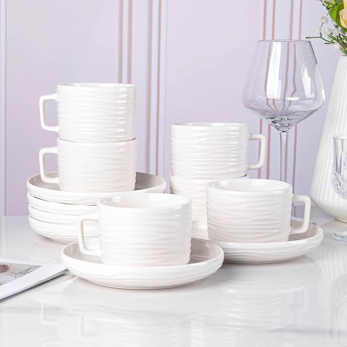 Cappuccino Cups with Saucers, 8 OZ White Ceramic Coffee Cups Set of 6, Good for Latte, Americano and Tea, Microwave and Dishwasher Safe, Ribbed Texture