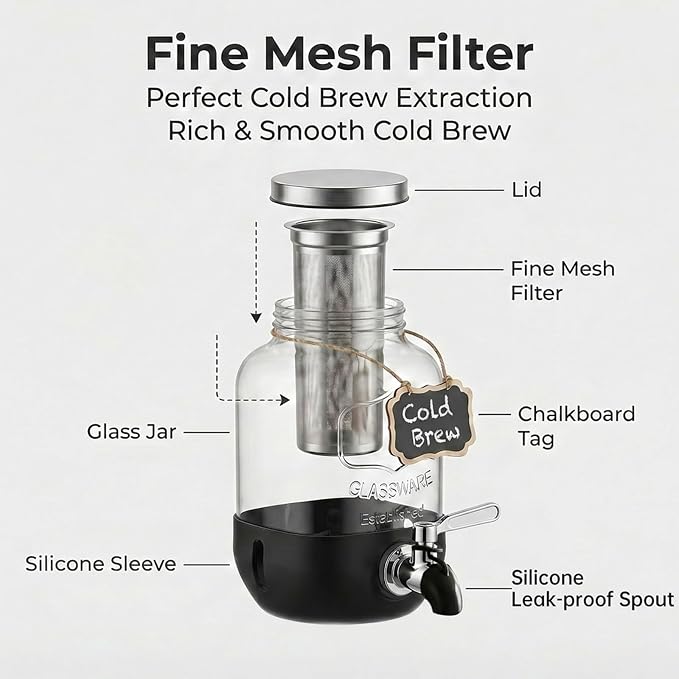 Cold Brew Coffee Maker With, Cold Brew Pitcher,1 Gallon Glass Pitcher With Stainless Steel Filter,304 Stainless Steel Leak-Proof Spigot,100% Leakproof,Large Iced Coffee Maker for Home, Easy to Use