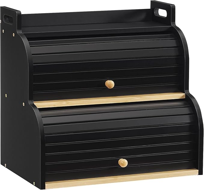 HOOBRO Bread Box, Bamboo Bread Box for Kitchen Countertop, 2-Tier Roll-Top Bread Bin, Food Storage Box, Bamboo Storage Cabinet with Handles, for Kitchen, Dining Room, Black BK15MB01