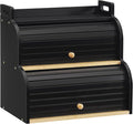 HOOBRO Bread Box, Bamboo Bread Box for Kitchen Countertop, 2-Tier Roll-Top Bread Bin, Food Storage Box, Bamboo Storage Cabinet with Handles, for Kitchen, Dining Room, Black BK15MB01
