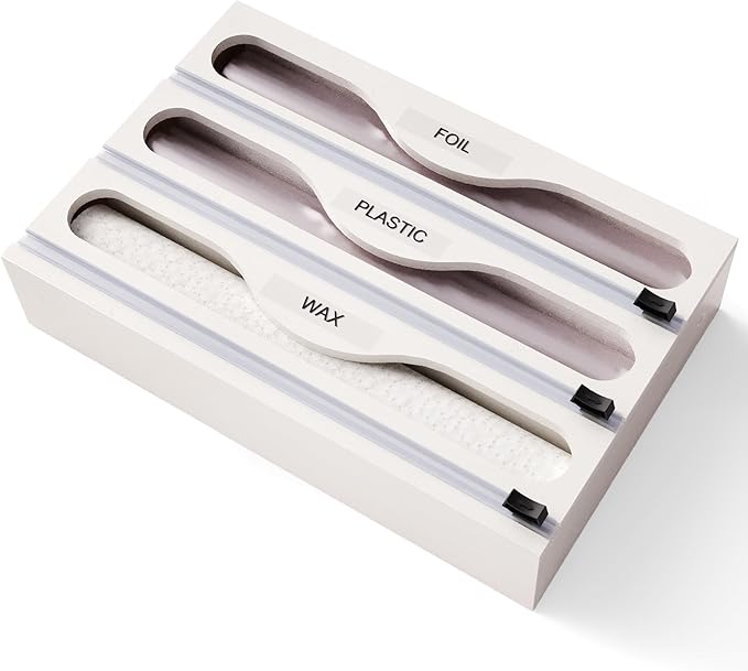 Wrap Dispenser with Cutter and Labels, Plastic Wrap Organizer For Kitchen,Bamboo 3-in-1 Wrap Dispensers for Cling Wrap Aluminum Foil and Wax,Storage Organization Holder（White）