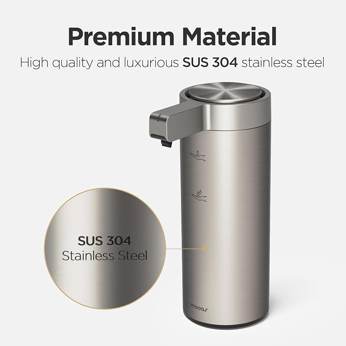 Mooas Automatic Soap Dispenser Bundle– Liquid (Metal) & Foaming Touchless Automatic Soap Dispensers (White), Stainless Steel, Rechargeable, Adjustable Levels, IPX5 Waterproof for Bathroom & Kitchen